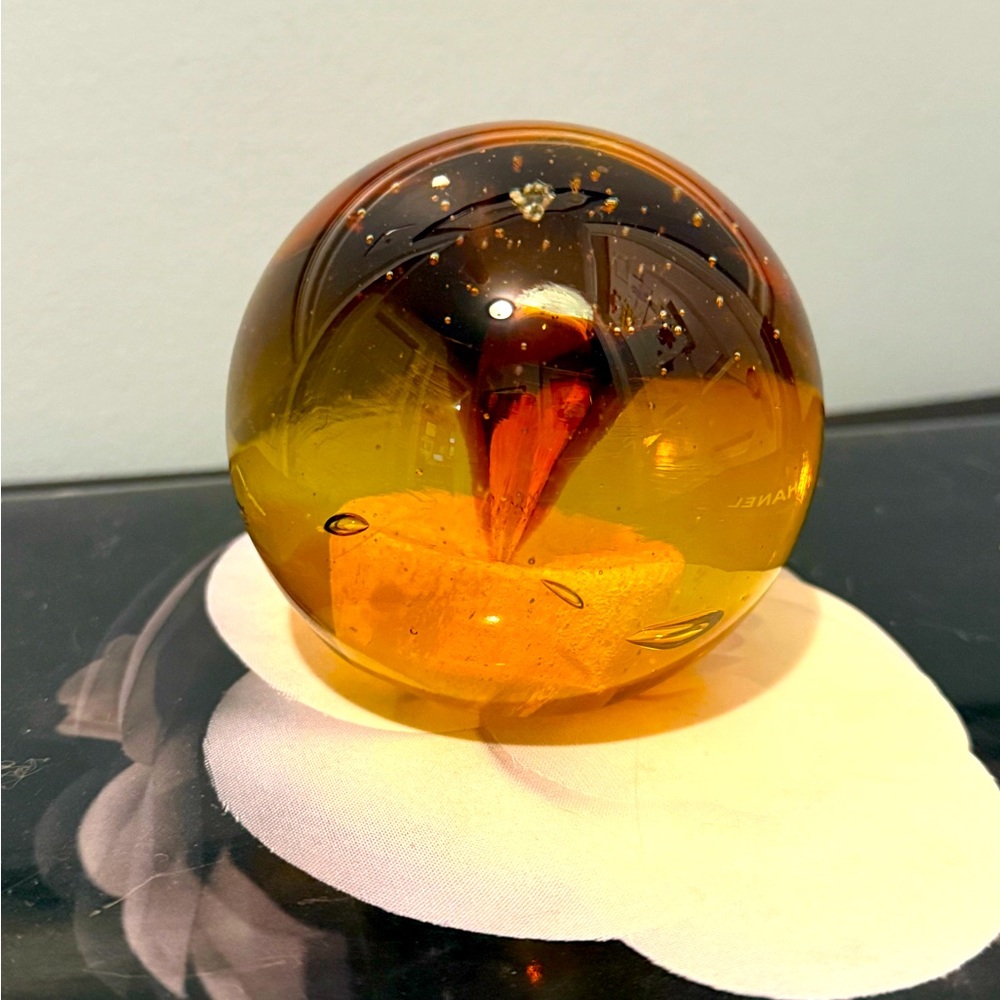 Vintage Glass Paperweight Ball Tornado Bubbles Art Glass in Amber
